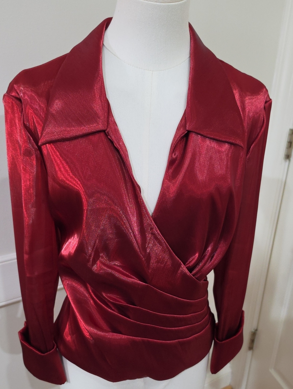 Vintage 90s Cachet Liquid Metallic Ruby Red Faux Wrap Blouse Shimmer 14